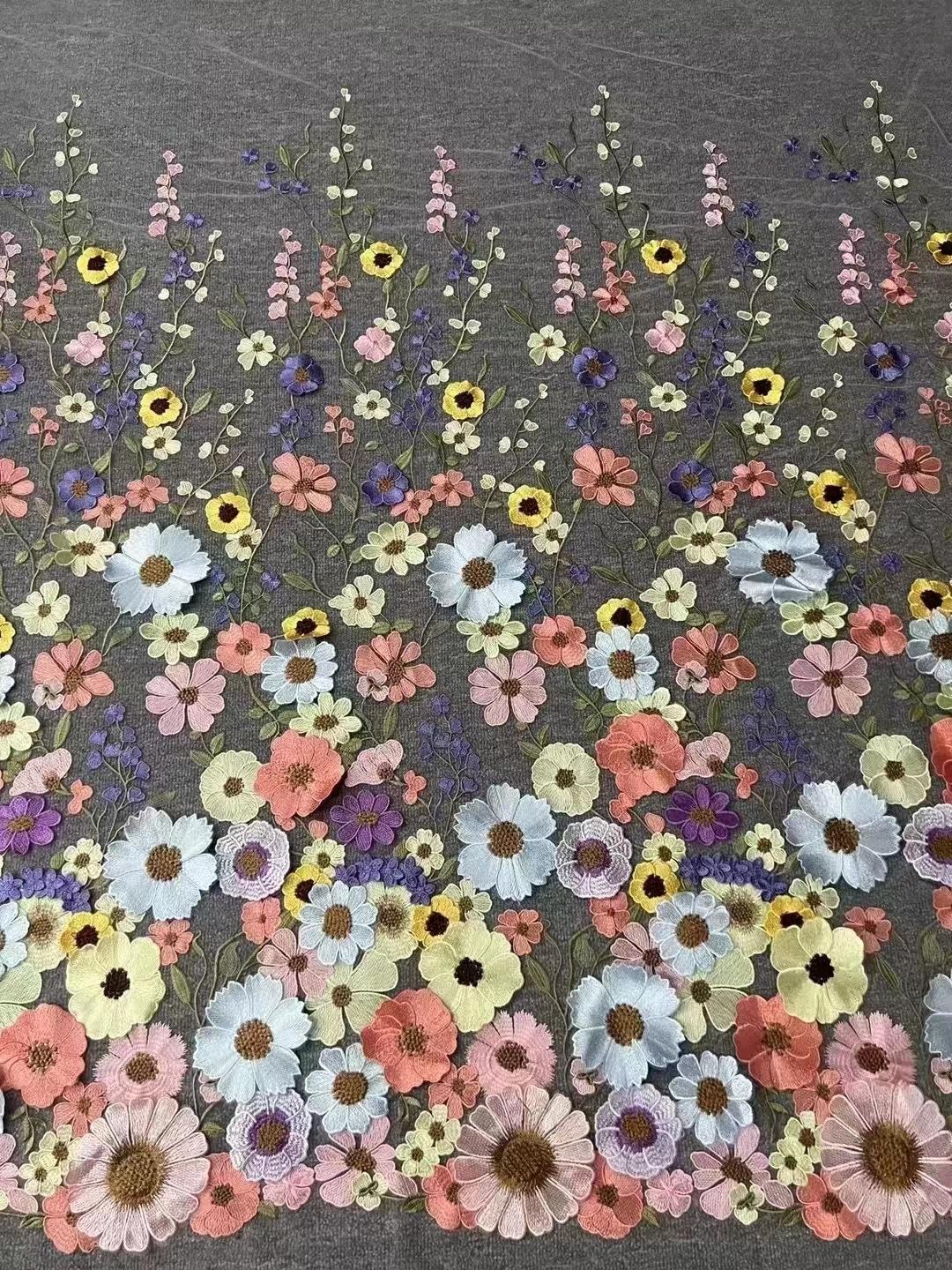 3D flower embroidery Lace Fabric colorful floral